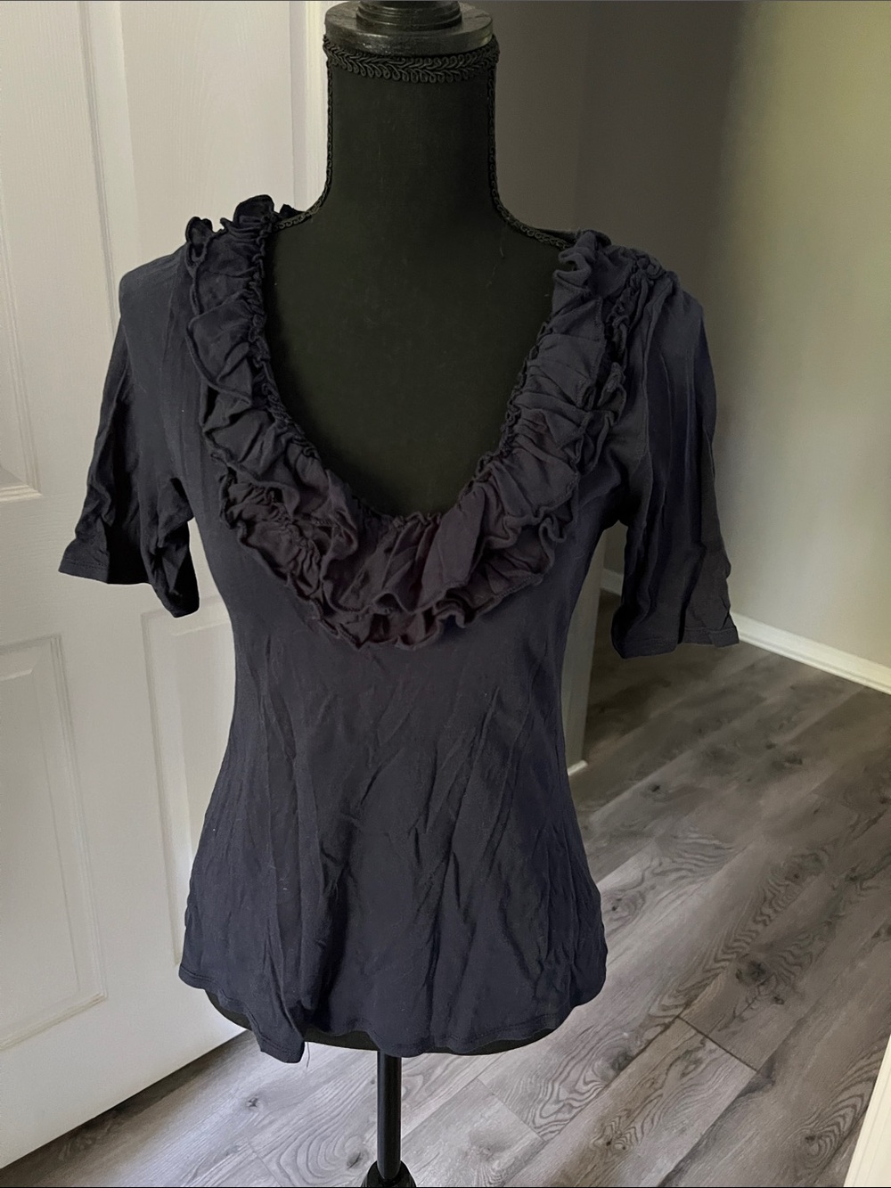 Express dark blue Ruffle Scoop Neck Short Sleeve Top